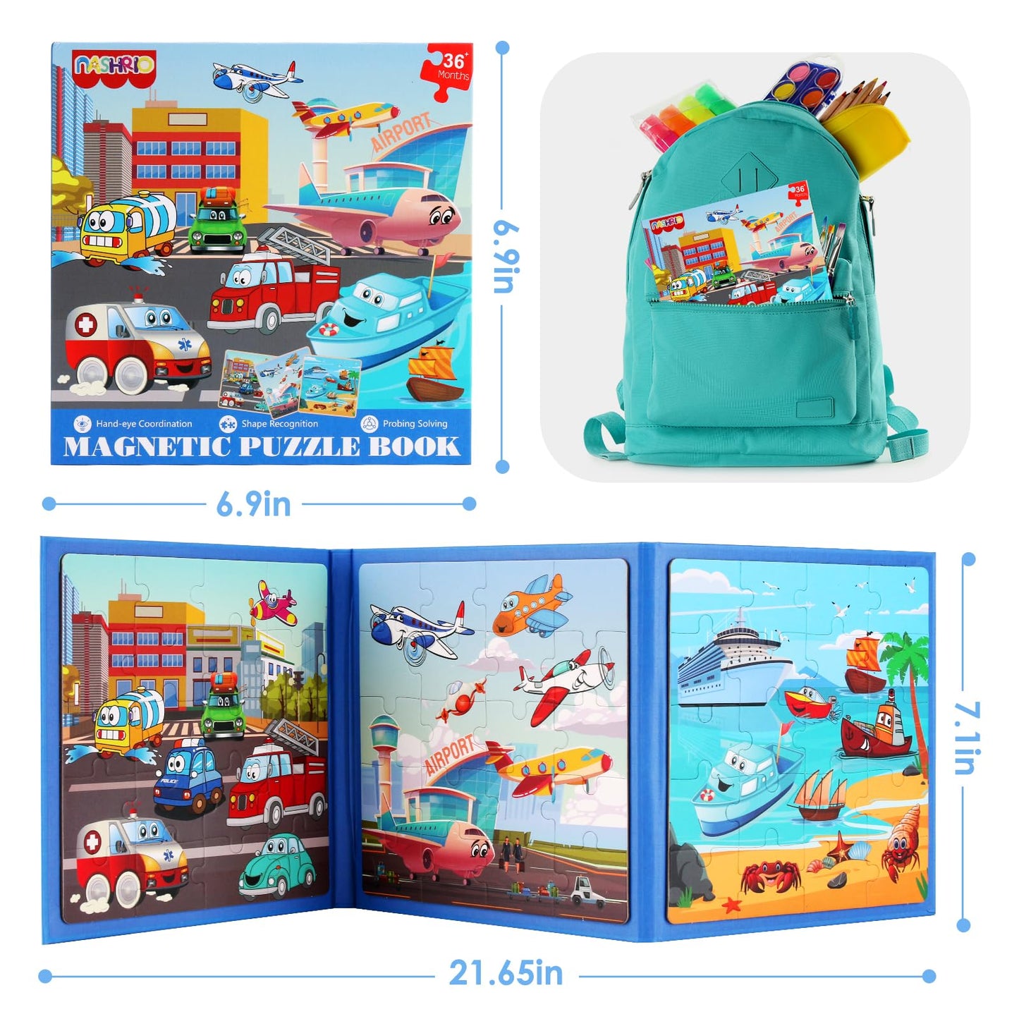 Nashrio Magnetic Puzzles For Kids Ages 4-6, 20-Piece Toddler Travel Toys Transportation Puzzles Ages 3-5, Educational Learning Magnets, Ideal Road Trip Activities Toys For 3 4 5 6 Boys And Girls