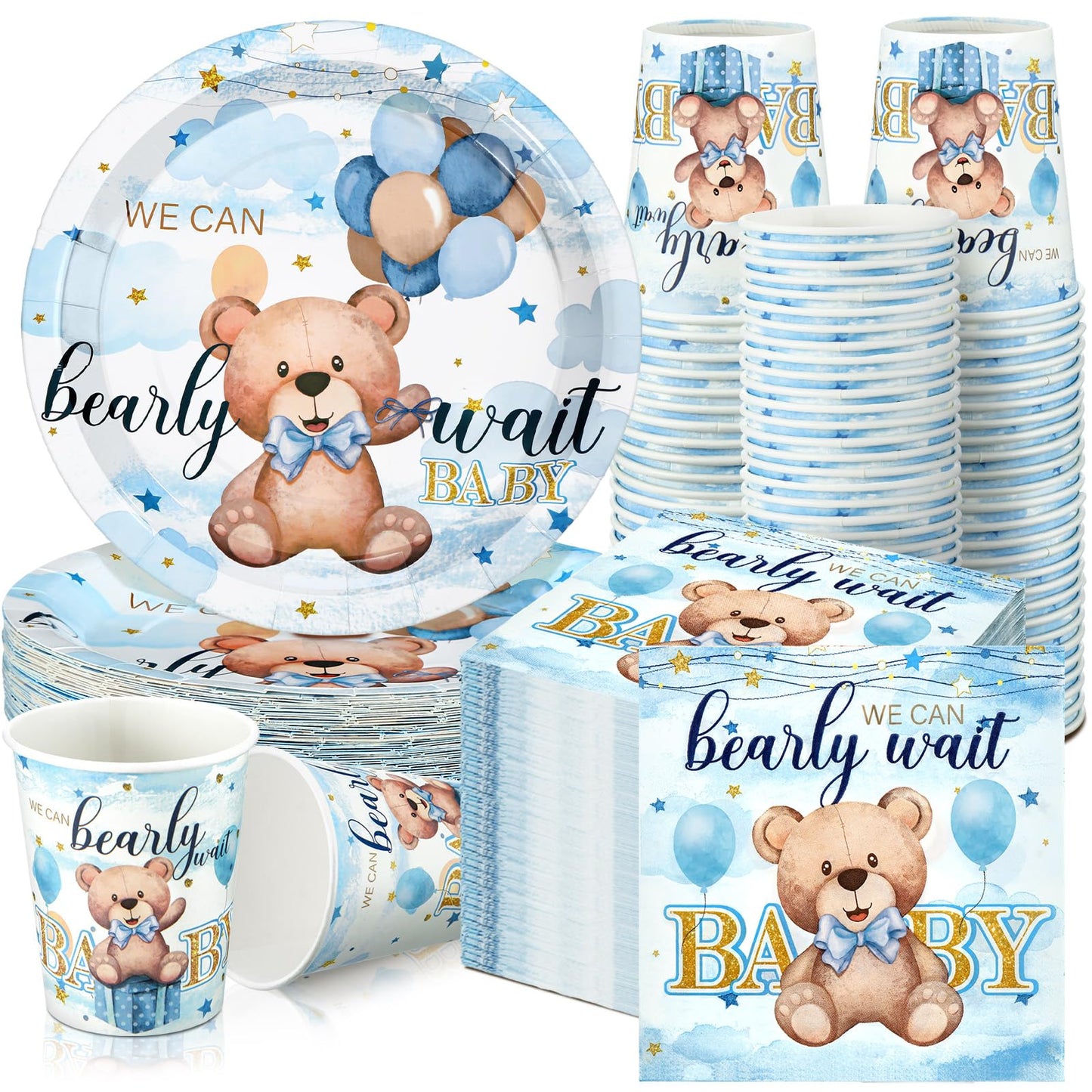 Hushee 200 Pcs Blue Bear Baby Shower Paper Plates Napkins Cups Baby Shower Party Supplies Tableware Set Bear Theme Disposable Cu