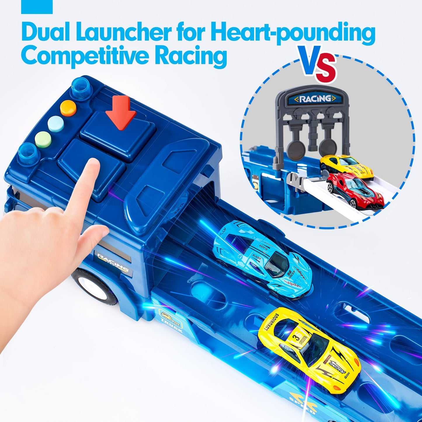 hahaland Toys for 2 Year Old Boy Birthday Gift - 2 in 1 Car Carrier Transforms into Race Tracks with Dual Launcher Toys for Ages
