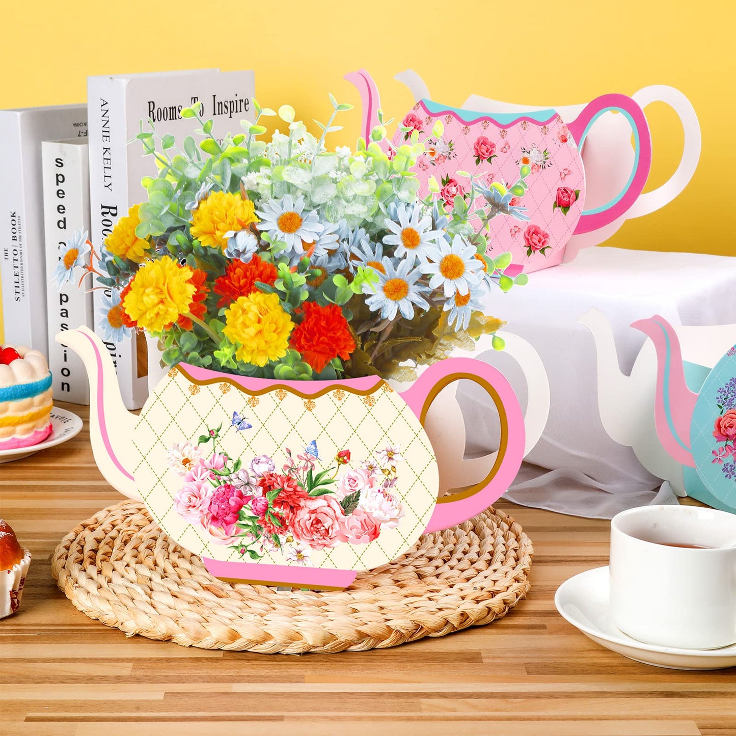 Yinder 6 Pcs Tea Party Decorations Princess Party Flower Boxes Centerpiece Floral Teapot Centerpiece For Floral Tea Themed Birthday Wedding Supplies(Sweet Tea Pot)
