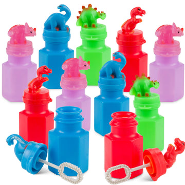 Dinosaur Bubbles Party Favors for Kids - (24-Pack Bulk) Assorted 3-Inch Dino Bubble Bottles with Bubble Wands, Outdoor Summer To
