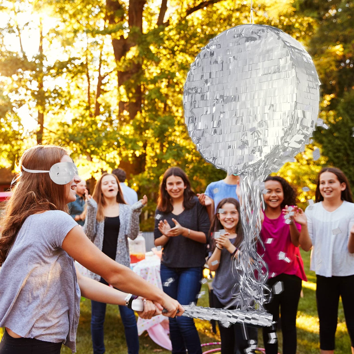 Ferraycle Silver Disco Ball Small Piñata with Stick & Blindfold - Retro Party Decorations for Kids & Adults, Model YT-Ferraycle-89546