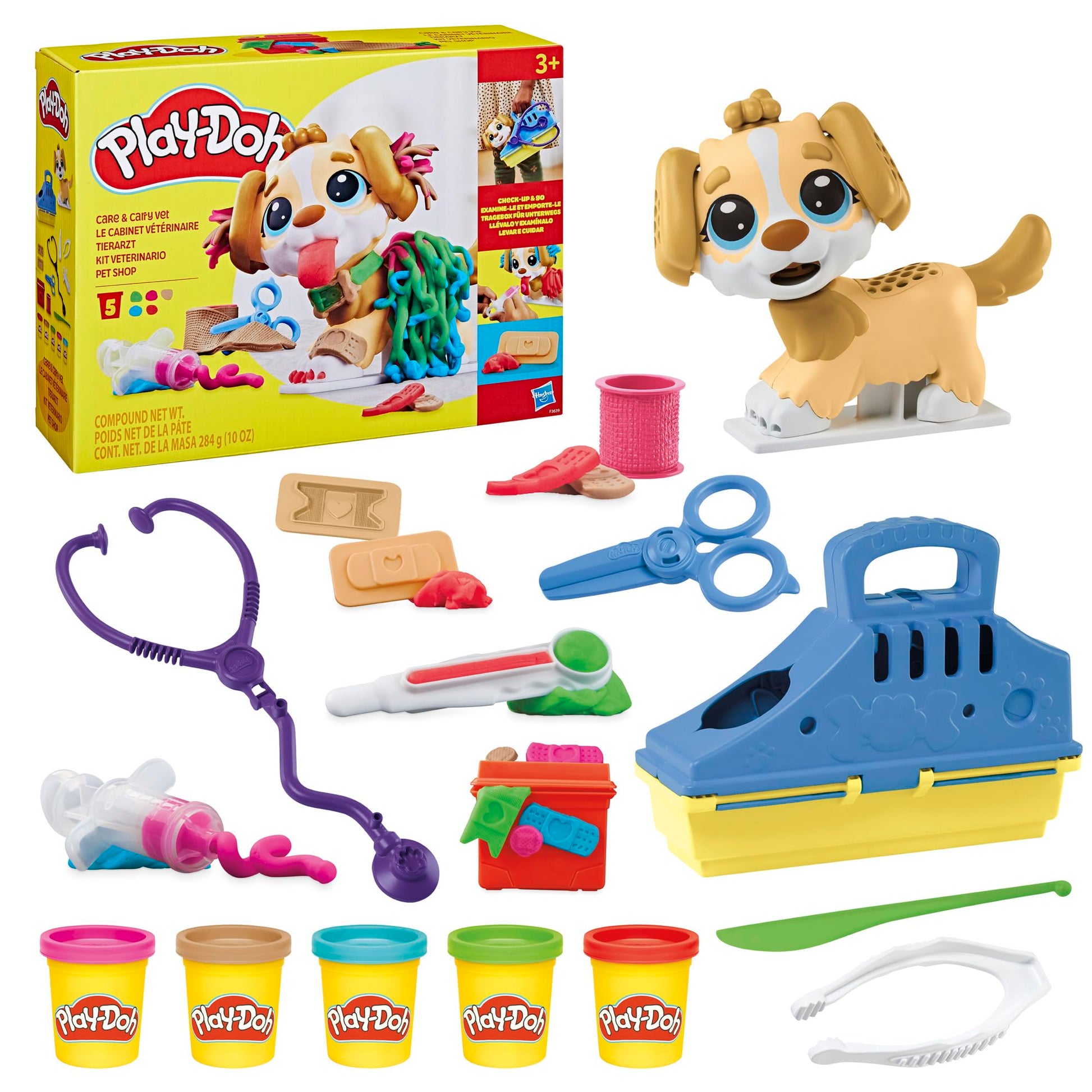 Play-Doh Care n Carry Vet Playset for Kids 3 Years and Up with Toy Dog, Storage, 10 Tools, and 5 Modeling Compound Colors, Non-