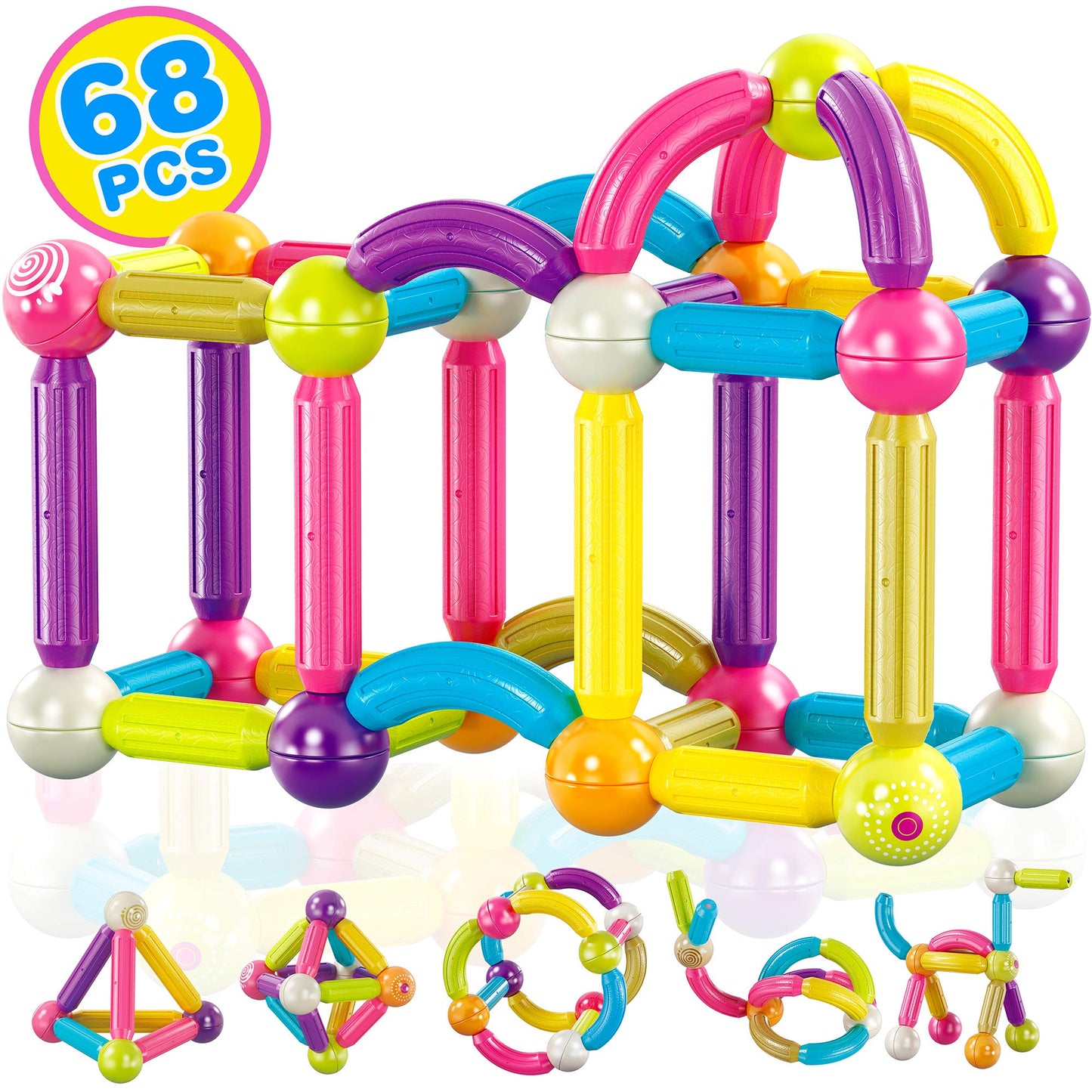Contixo St2 Kids Magnetic Stix Stick 68 Pcs 3D Building Blocks Stem Construction Playboards Creativity, Imagination, Recreational, Educational For Children Toddler, 3+ Year Old Boys And Girls