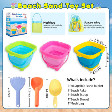 Xgunion Collapsible Beach Sand Bucket 3 Packs Foldable Sand Buckets Set with Shovels & Mesh Bag Collapsible Beach Toys for Kids