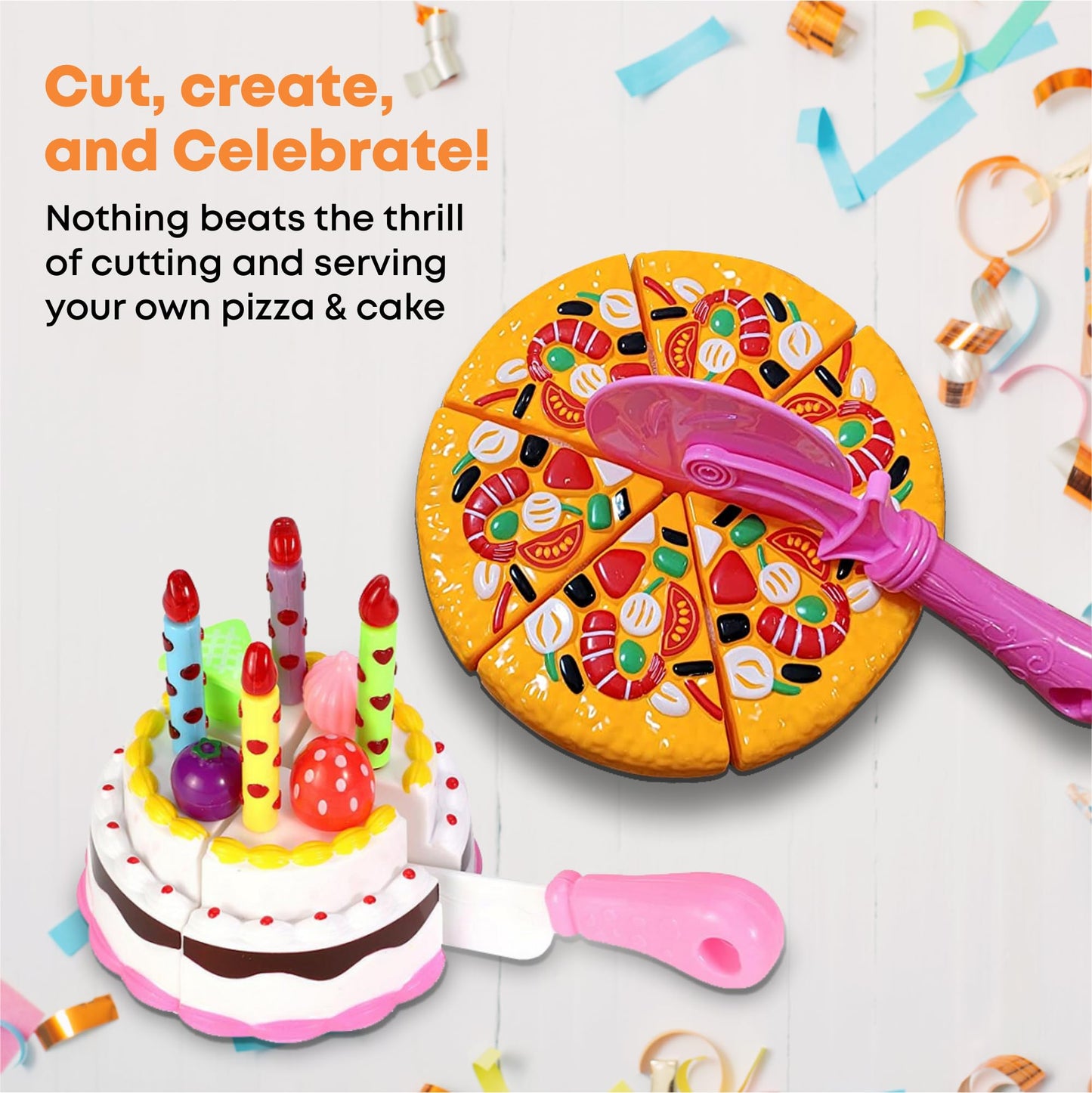 FUNERICA Play Food Goodies Set with Storage Box - Features Cutting Pizza, Ice Cream, Toy Birthday Cake, Fries, Dessert - Pretend