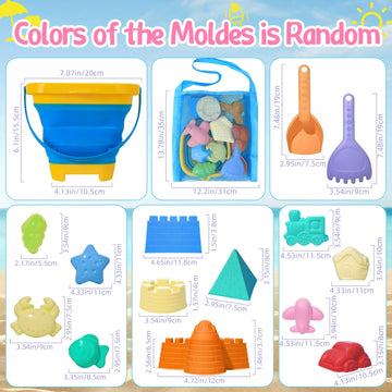 Collapsible Beach Toys Sand Set Collapsible Sand Bucket And Shovels Set With Mesh Bag & Molds Sandbox Toys For Kids Boy Ages 4-8