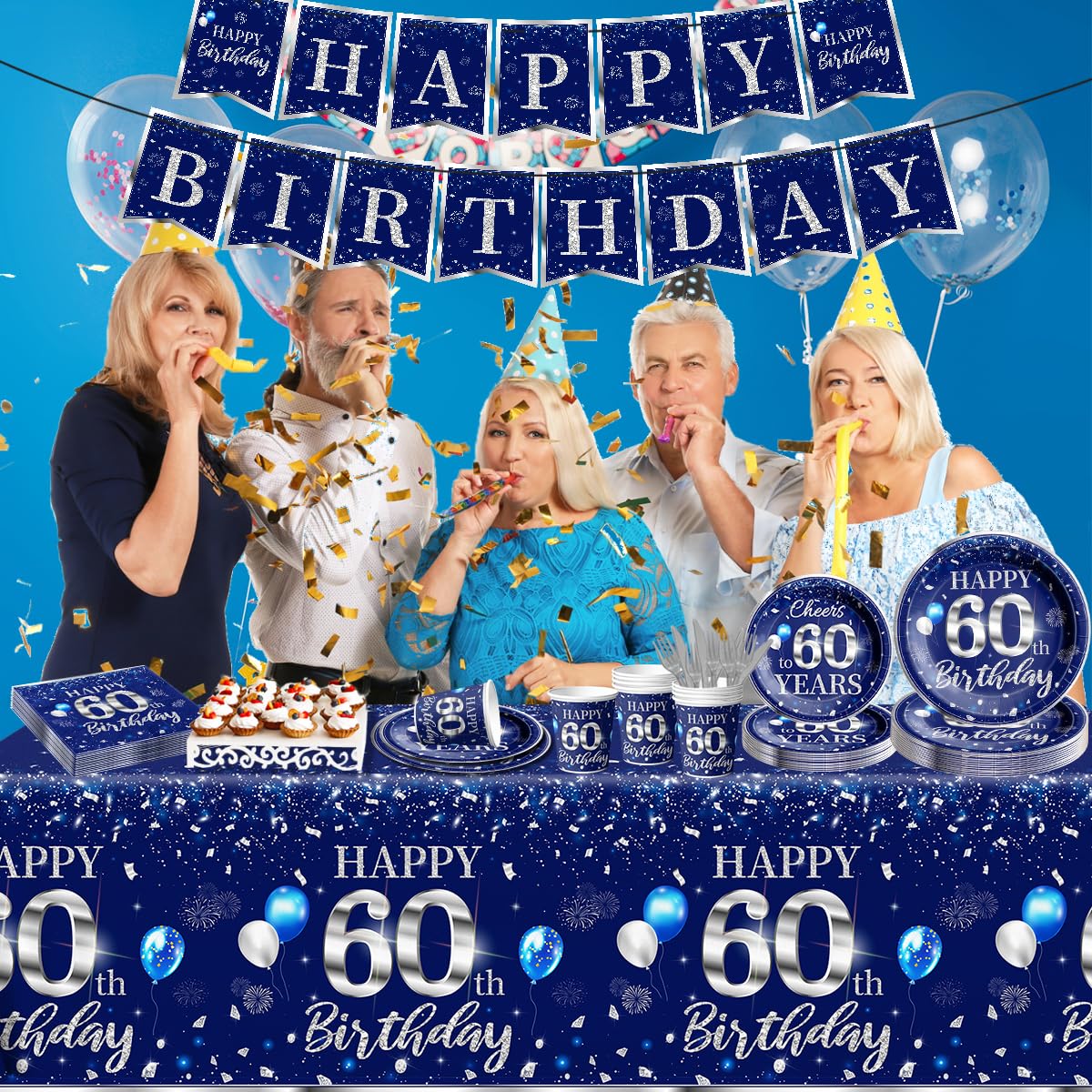 142 Pcs 60Th Birthday Tableware Set Decorations Sliver And Blue 60Th Happy Birthday Party Supplies For Men Women Birthday Tablec
