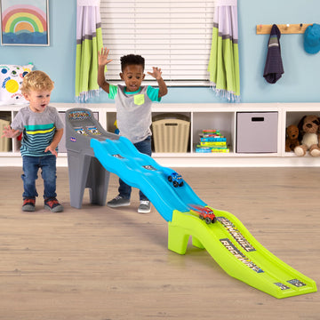 Simplay3 Fast Track Downhill Raceway for Kids - Dual Racetrack with 2 Toy Cars, Heavy-Duty Plastic, Yellow, Model 221050-01