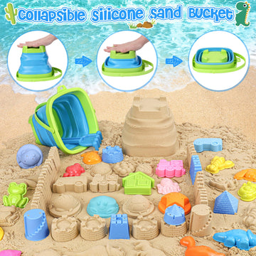 REZUCREY Beach Toys, Collapsible Sand Toys for Toddlers, Sand Bucket and Shovels Set with Mesh Bag Cute Sand Molds, Travel Sand