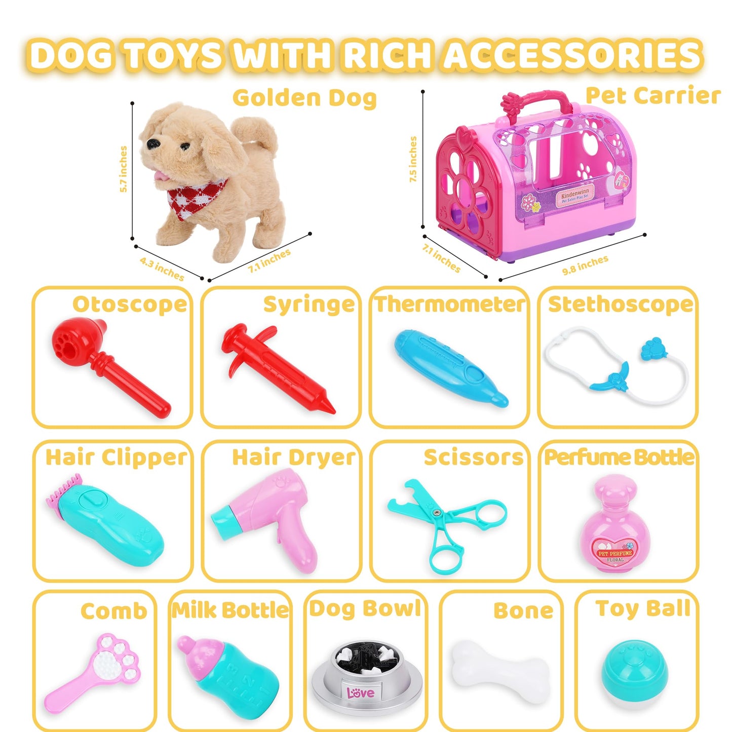 15-Piece Dog Toys For Kids - Walking Dog Stuffed Toy With Pet Cage, Doctor Role Play Toy Dogs With Pet Care Playset, Puppy Toys