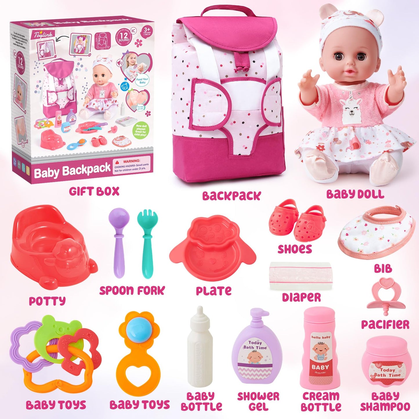 Toylink Interactive Baby Doll Set With Backpack Carrier, 12In Doll Toy With Sound, 18Pcs Baby Doll Accessories Incl Diaper Bib, Girls Pretend Play Toys For Toddler Kids 3 4 5 6 Year Old Gift