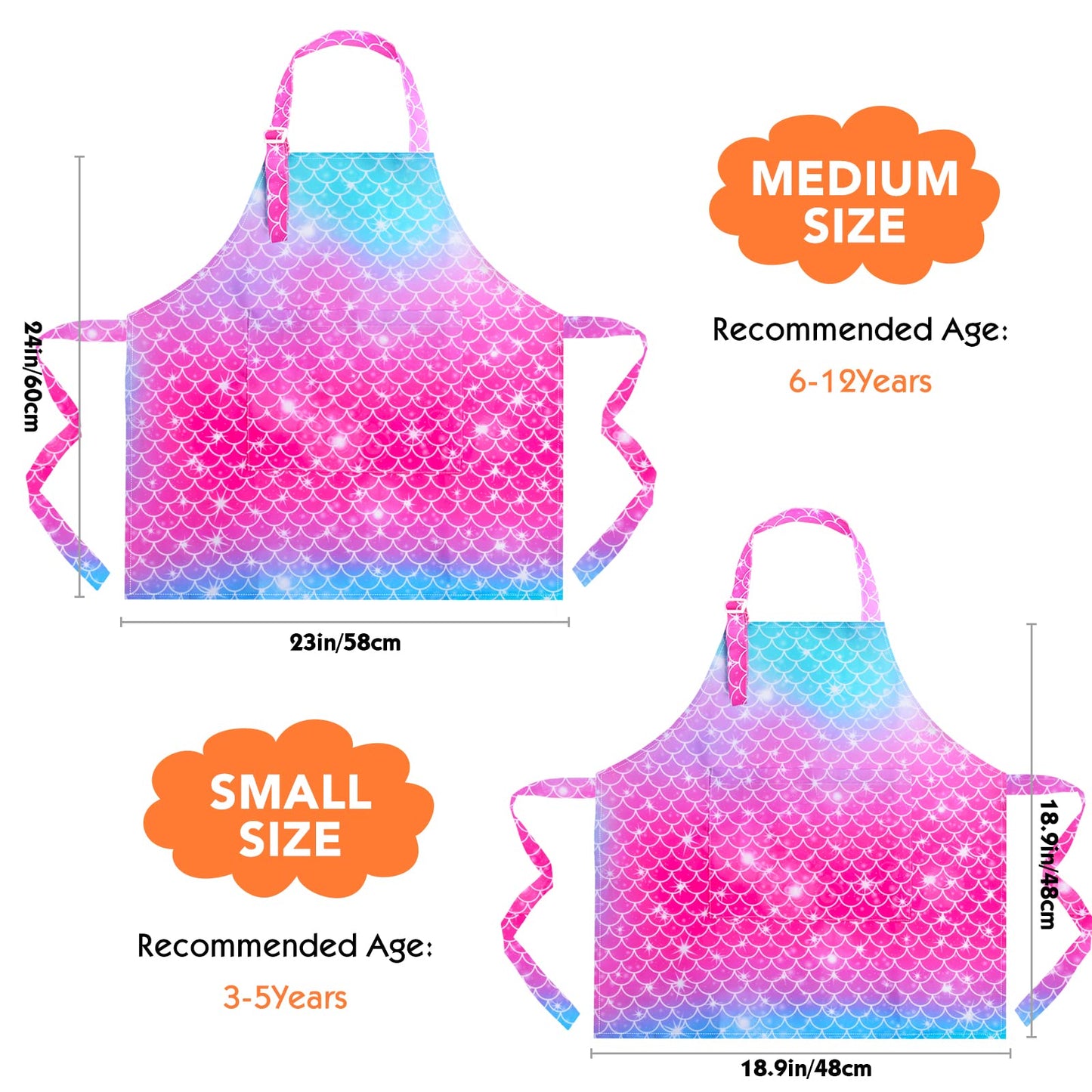 Pashop 2 Pack Kids Apron Rainbow Mermaid Aprons With Pockets For Children Girls Boys Toddler Apron For Painting Cooking Baking
