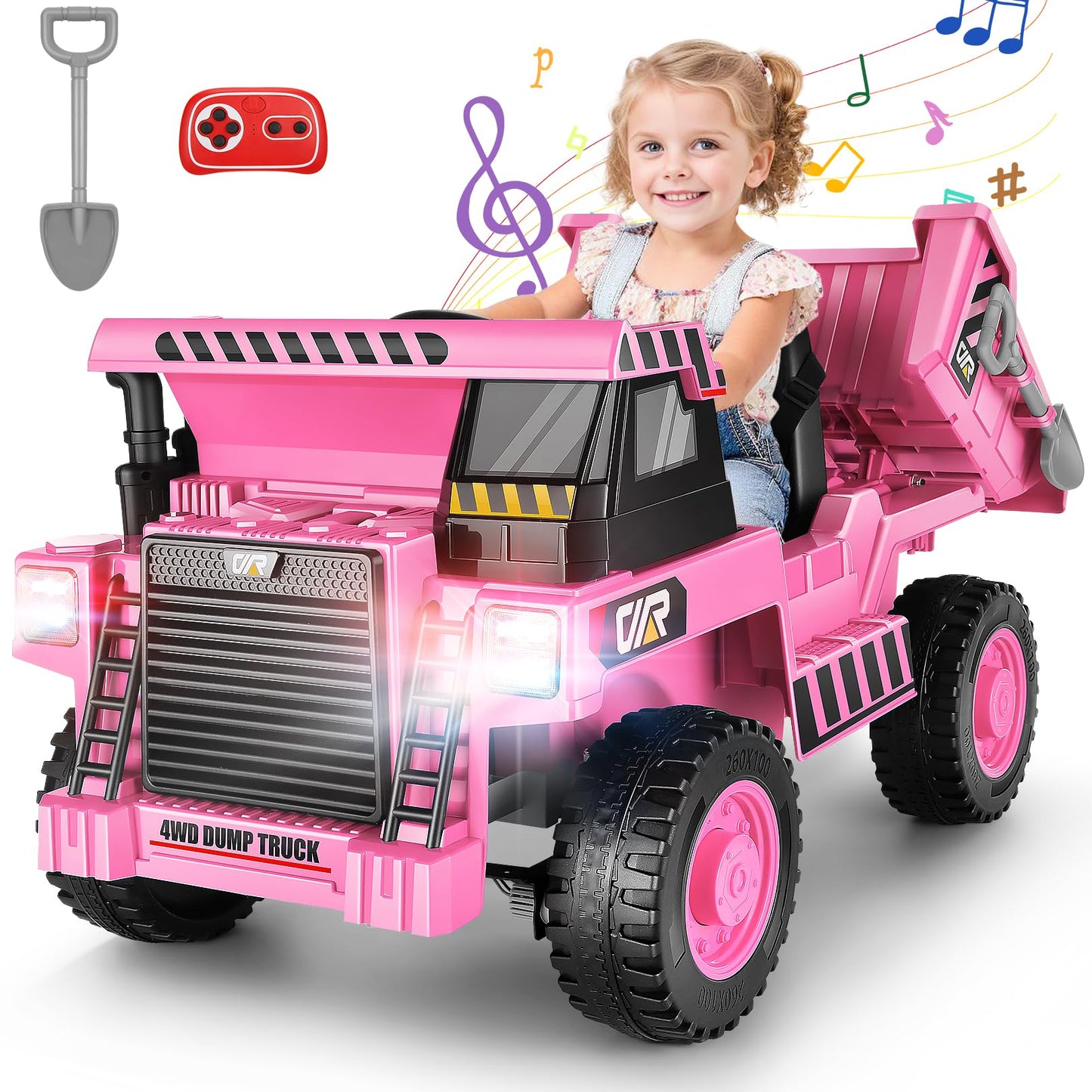 Hikole 12V 4Wd Ride On Dump Truck With Electric Dump Bed, Kids Ride On Cars With Remote Control, Shovel, Led Lights, Music Playe