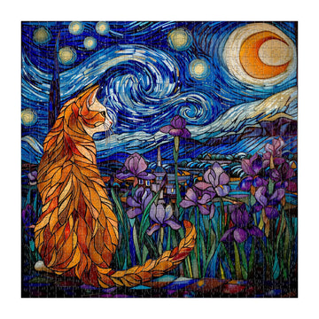Cat Puzzles For Adults 1000 Pieces, Pickforu Stained Glass Puzzles Feature Purple Iris Flowers, Starry Night, Moonlit Cat Flower Jigsaw Puzzle For Cat Lovers