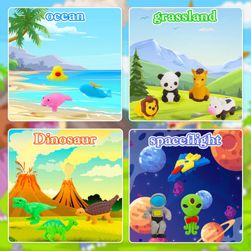 Urskytous 130Pcs Animal Erasers Kids Pencil Erasers Desk Pets Puzzle Erasers Bulk Mini Animal Food Erasers Toys Eraser Prizes Fo