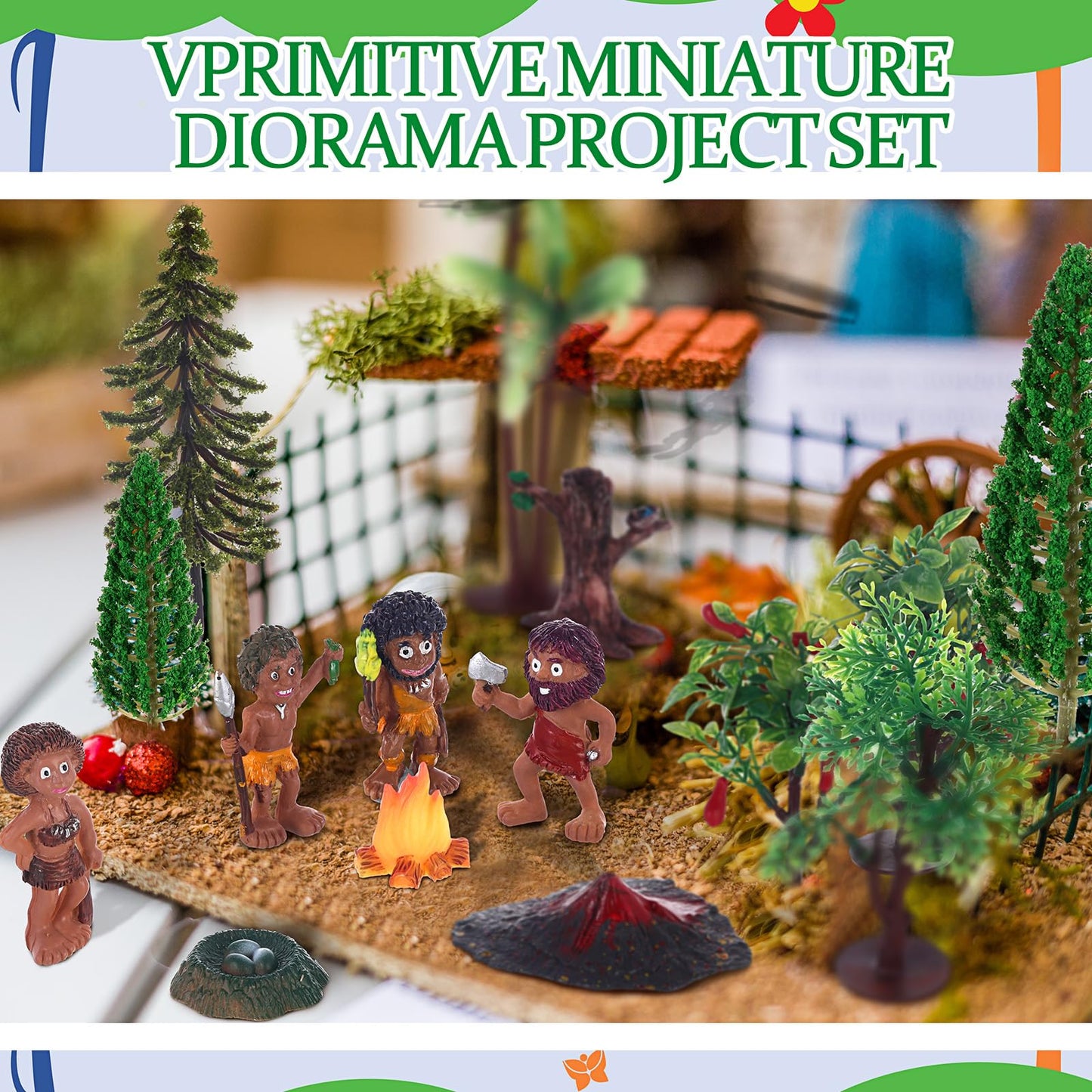 Roundfunny 27 Pcs Primitive Man Figurines Kit, Include Diorama Supplies Mini People Figures Mixed Model Trees Stone Sand For Dio