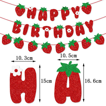 Zwiebeco Strawberry Birthday Party Decoration Supplies - Red Green Strawberry Happy Birthday Sign Banner Bunting Garland Hanging