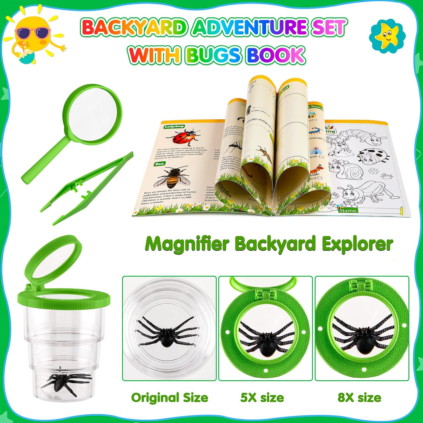 Innocheer Kids Explorer Kit & Bug Catcher Kit & Safari Costume Kit, Outdoor Exploration Set With Hat, Vest, Butterfly Net And Bugs Book For Boys Girls 3-12 Years Old (Camouflage Green)