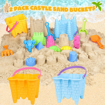 KUBUSFLY Beach Toys for Toddlers, Sand Castle Toys with 2 Sand Bucket, 2 Mesh Bag, 4 Sand Shovels & Sand Molds, Travel Sand Toys