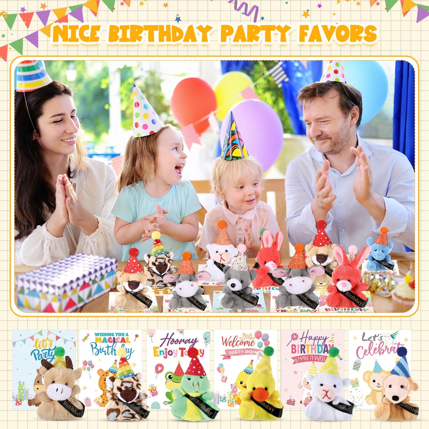 Seenelling Birthday Mini Animal Plush Toy With Hats, Birthday Party Decor Stuffed Animal Bulk For Student Classroom Reward Gifts