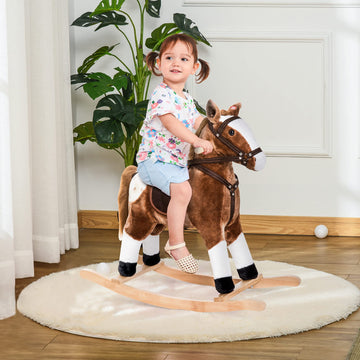 Qaba Kids Rocking Horse Plush Ride-On Toy, Brown, 30.75"x11"x26.75", Realistic Sounds, Perfect Gift for Toddlers