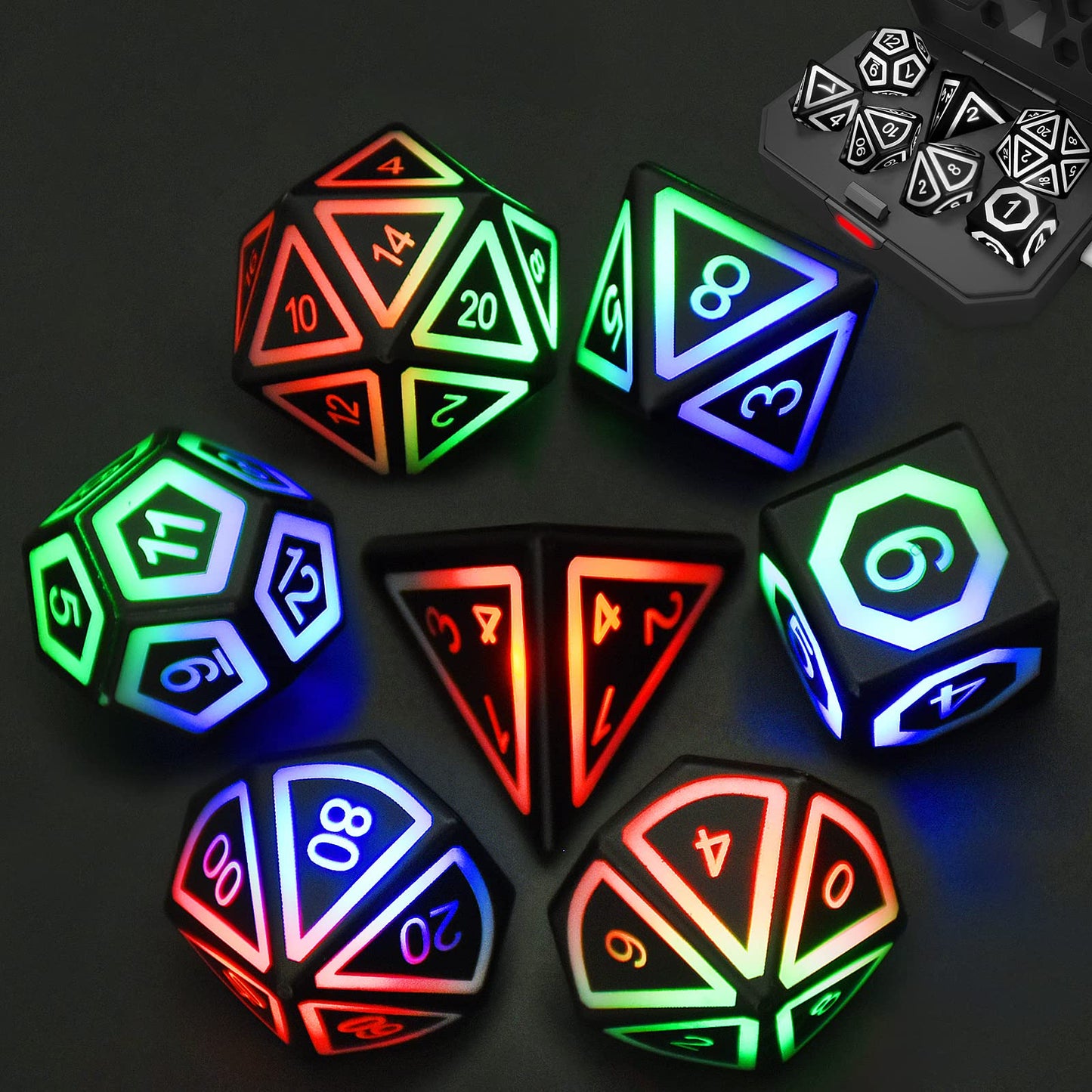 HTPOW Light up LED Dice Set of 7 USB Rechargeable Light Up DND Dice with Charging Box, Shake to Glowing Dice for Dungeons and Dr