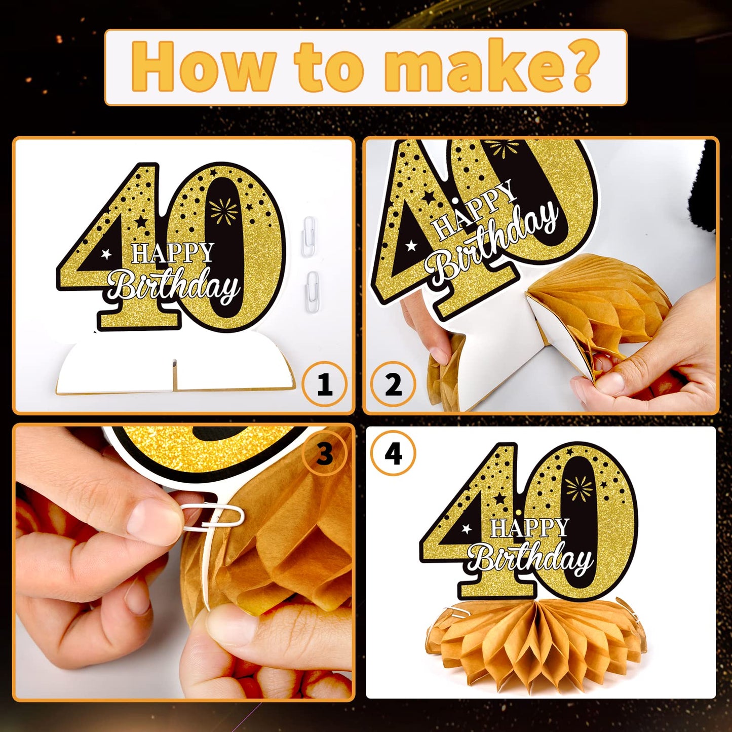 40Th Glitter Black Gold Birthday Banner Party Decorations, Happy 40Th Birthday Decorations Hanging Swirls Banner Honeycomb Centerpieces For Men Women Happy 40 Years Old Bday Party