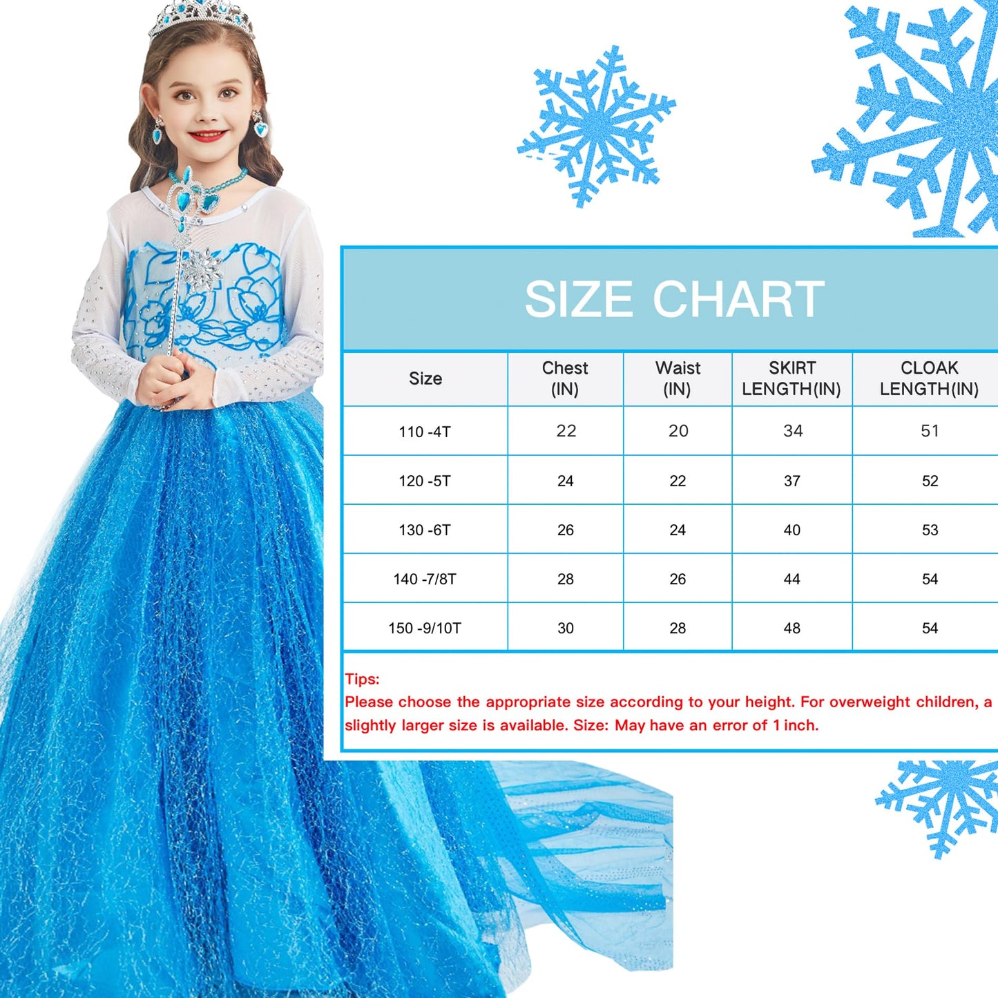 Elsa Princess Dress For Girls, Frozen Princess Costume For Kids Snow Party Queen,Birthday Party Dress Up With Accessories (Blue,