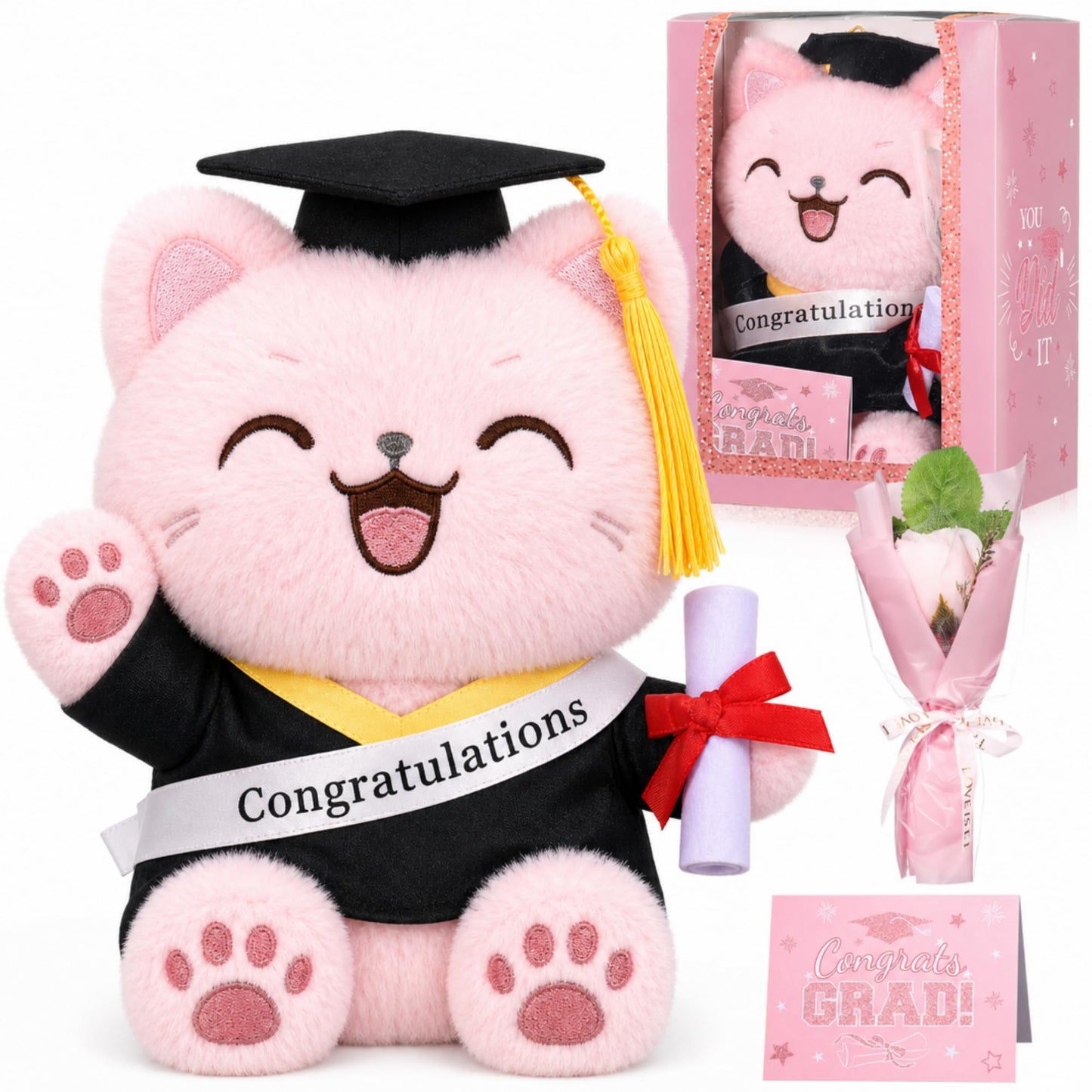 Hollowfly Graduation Cat Gifts Set Include Graduation Cat of 2026 Stuffed Animal with Cap and Gown, Artificial Flower, Graduate
