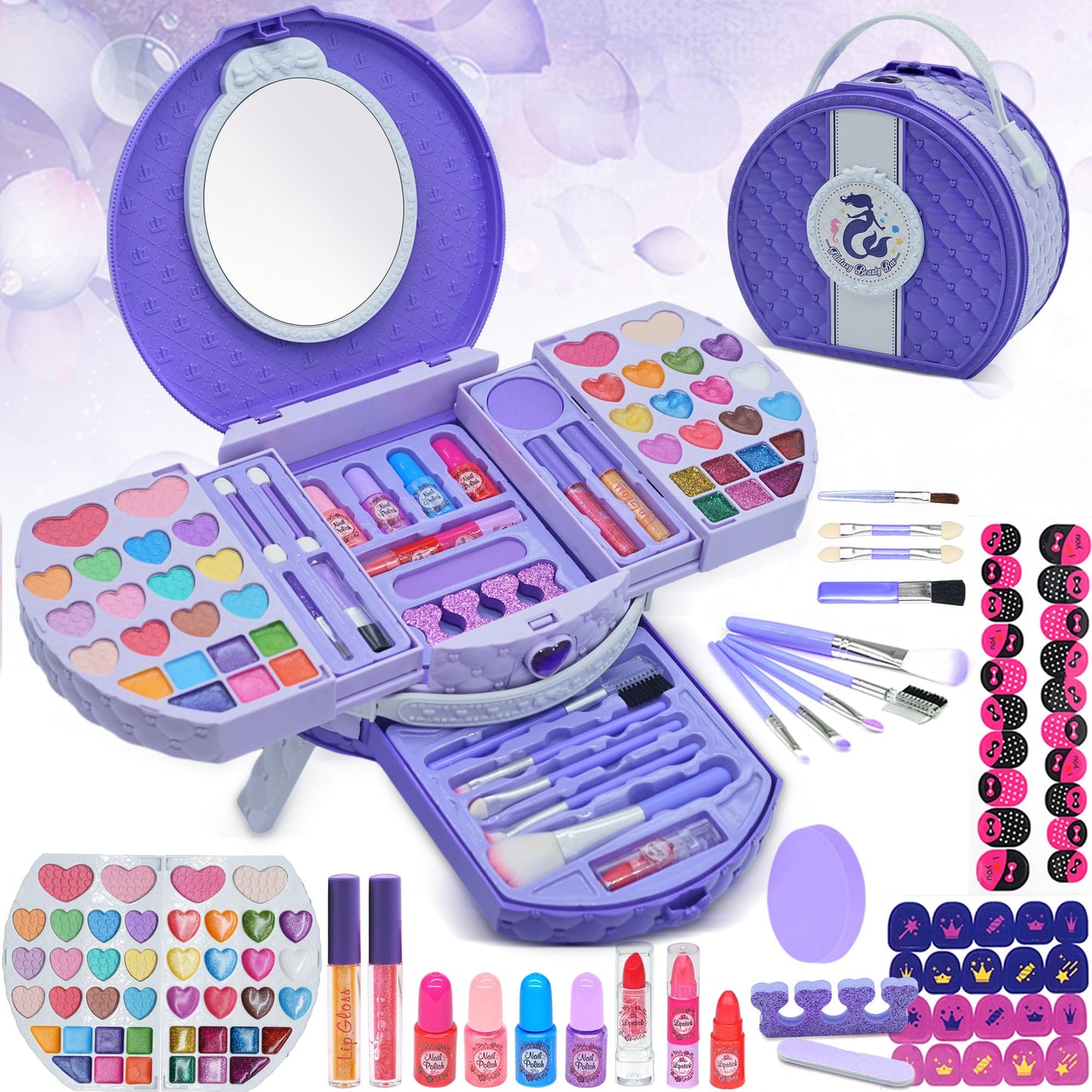 Kids Makeup Sets for Girls - 66 PCS Makeup for Kids with Dresser Vanity Case, Washable and Safe Girls Makeup Sets Ages 3-12, Chr