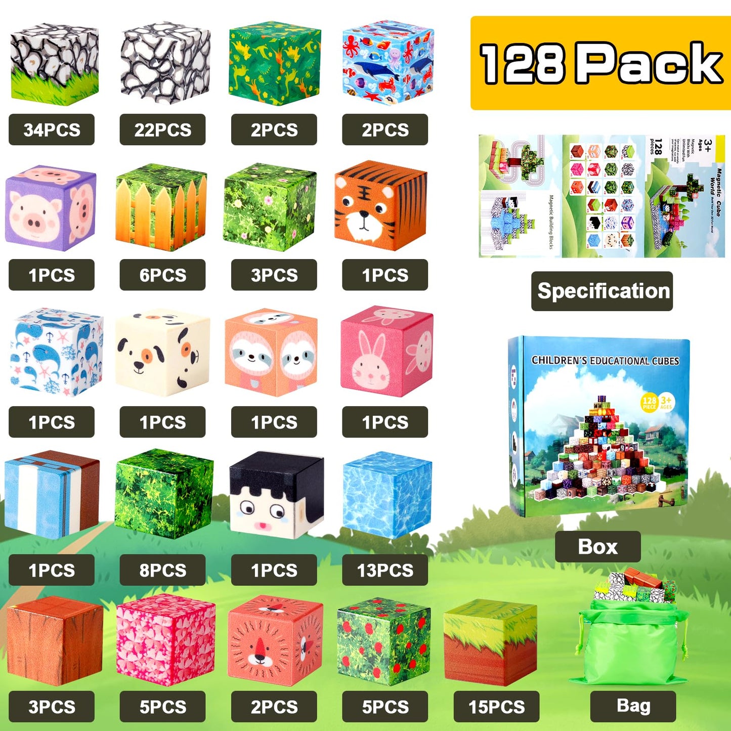 Hazms Magnetic Blocks 128Pcs Magnetic Building Blocks, Kids Toys For Boys And Girls Age 3+, Educational Sensory Magnetic Blocks