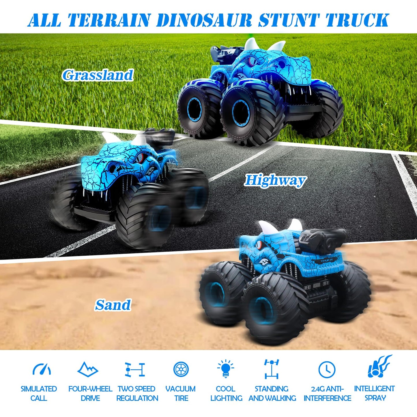 Cqutevind Remote Control Monster Truck, 2.4GHz RC Cars with Light, Sound & Spray, Monster Trucks for Boys Girls, All Terrain Din