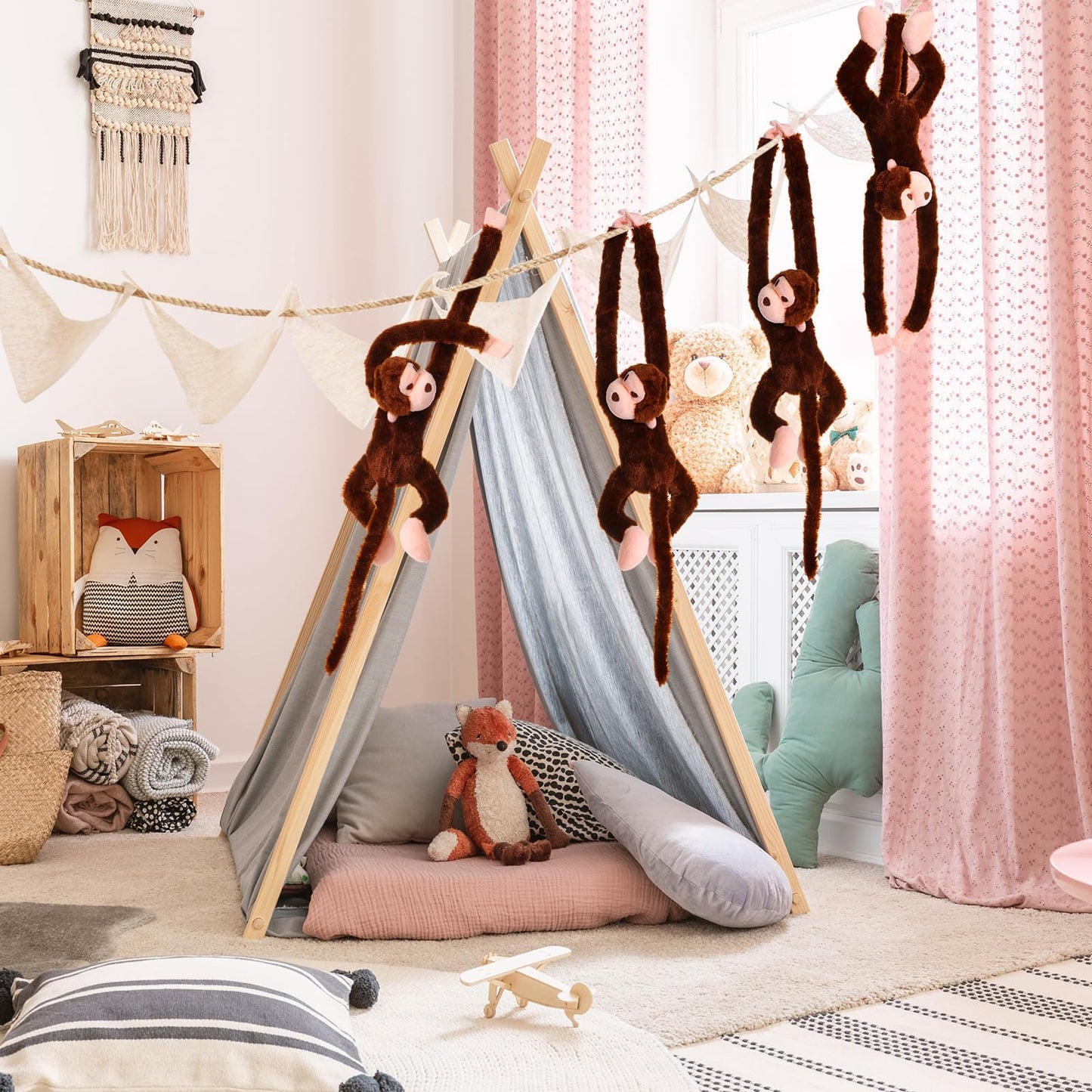 Chivao Set Of 4 Stuffed Monkey Hanging Stuffed Animal Monkey Plush Toy Large Animal With Loop For Gifts Favors(28 Inch,Dark Brown, Light Brown)