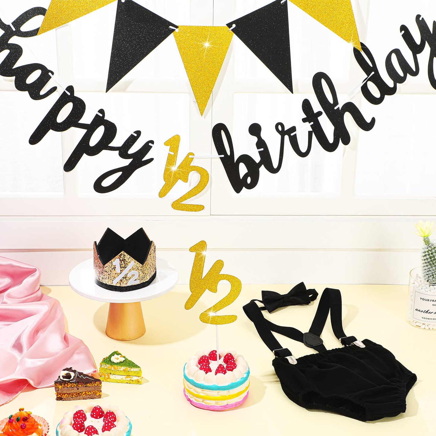 Spakon Glitter 18 Month Happy Birthday Banner Set Happy 1/2 Birthday Banner Glitter 1/2 Half Year Cake Topper Triangle Flag Banner 1/2 Birthday Crown Hat Bow Tie(Black)
