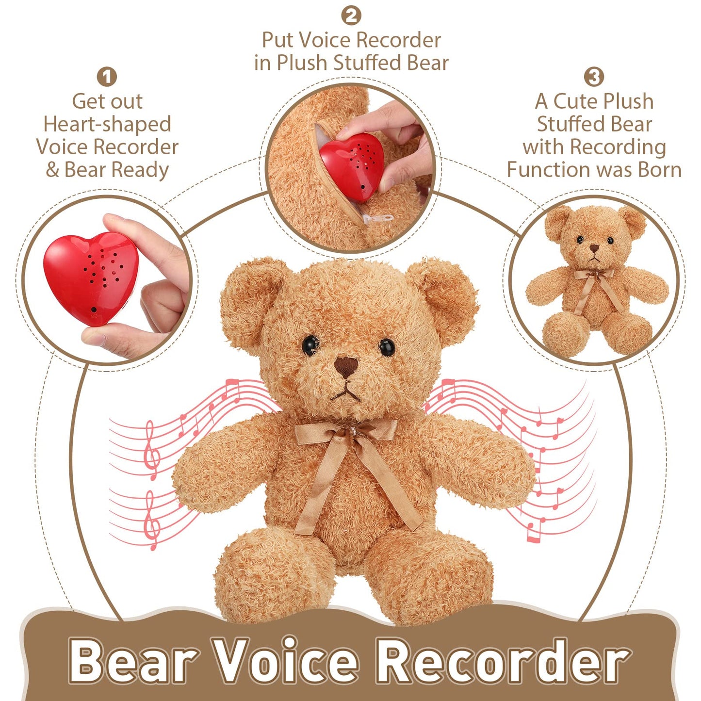 2 Pcs Bear Stuffed Animals With Voice Recorder Set, 60 Seconds Voice Sound Recorder Module 16 Inch Soft Plush Bear Cute Stuffed Bear With Zipper Sound Box Recordable Heart For Boys Girls (Light Brown)