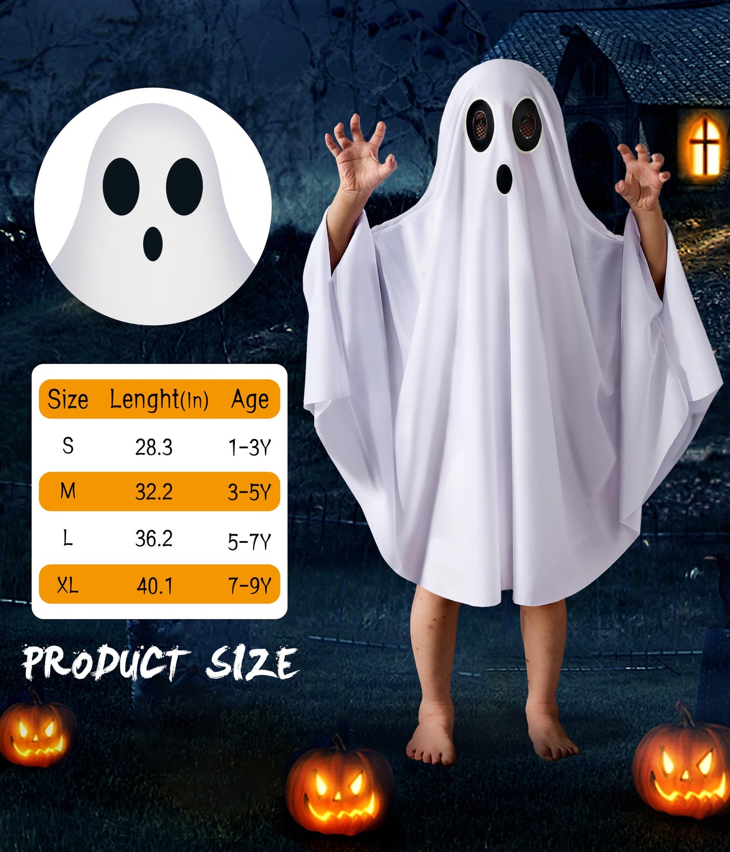 THDZS Unisex Boys and Girls Ghost Costume,Halloween Fancy Dress,White Boo Ghost Cloak Cape Cosplay Costume Halloween Costume