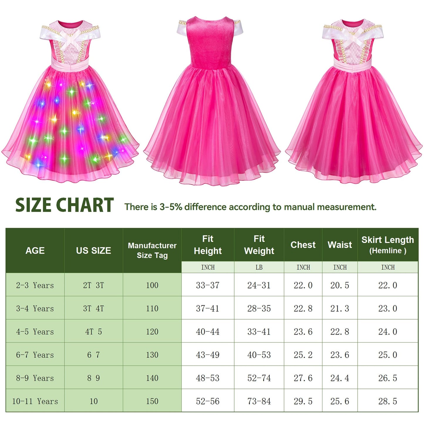Light Up Princess Aurora Costume For Girls Dress Up - Led Light-Up Pink Sieeping Beauty Dress With Accessories For Birthday Halloween Cosplay 8-9 Years