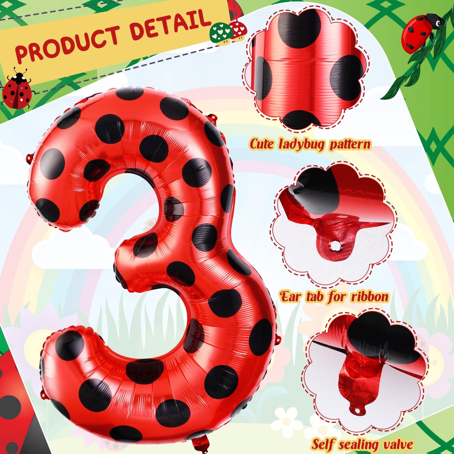 Lunmon Ladybug 40Inch Number 3 Balloon, Polyester, Black Red Polka Dots, Birthday, Baby Shower Decorations, Children, Unisex