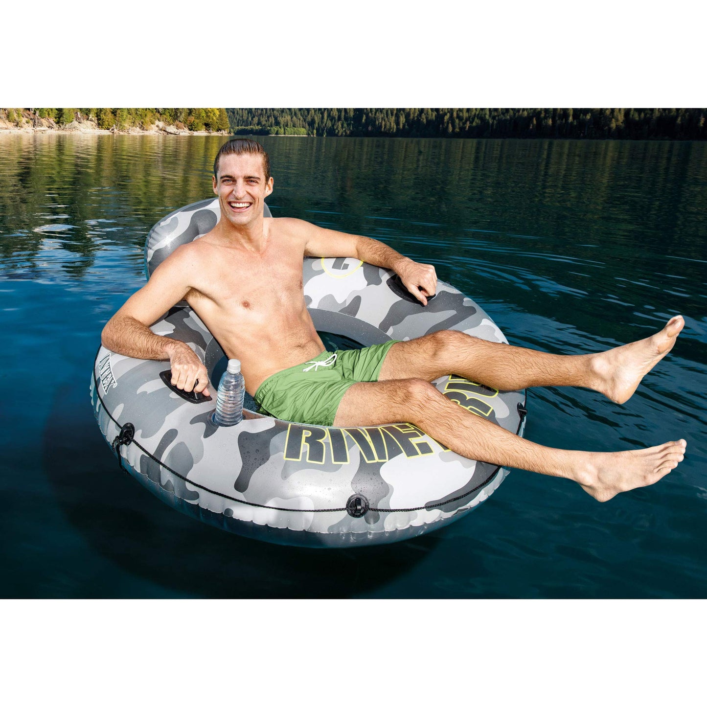 Intex 56835Ep River Run I Camo Inflatable Floating Towable Water Tube Raft With Cup Holders And Handles For River, Lake Or Pools
