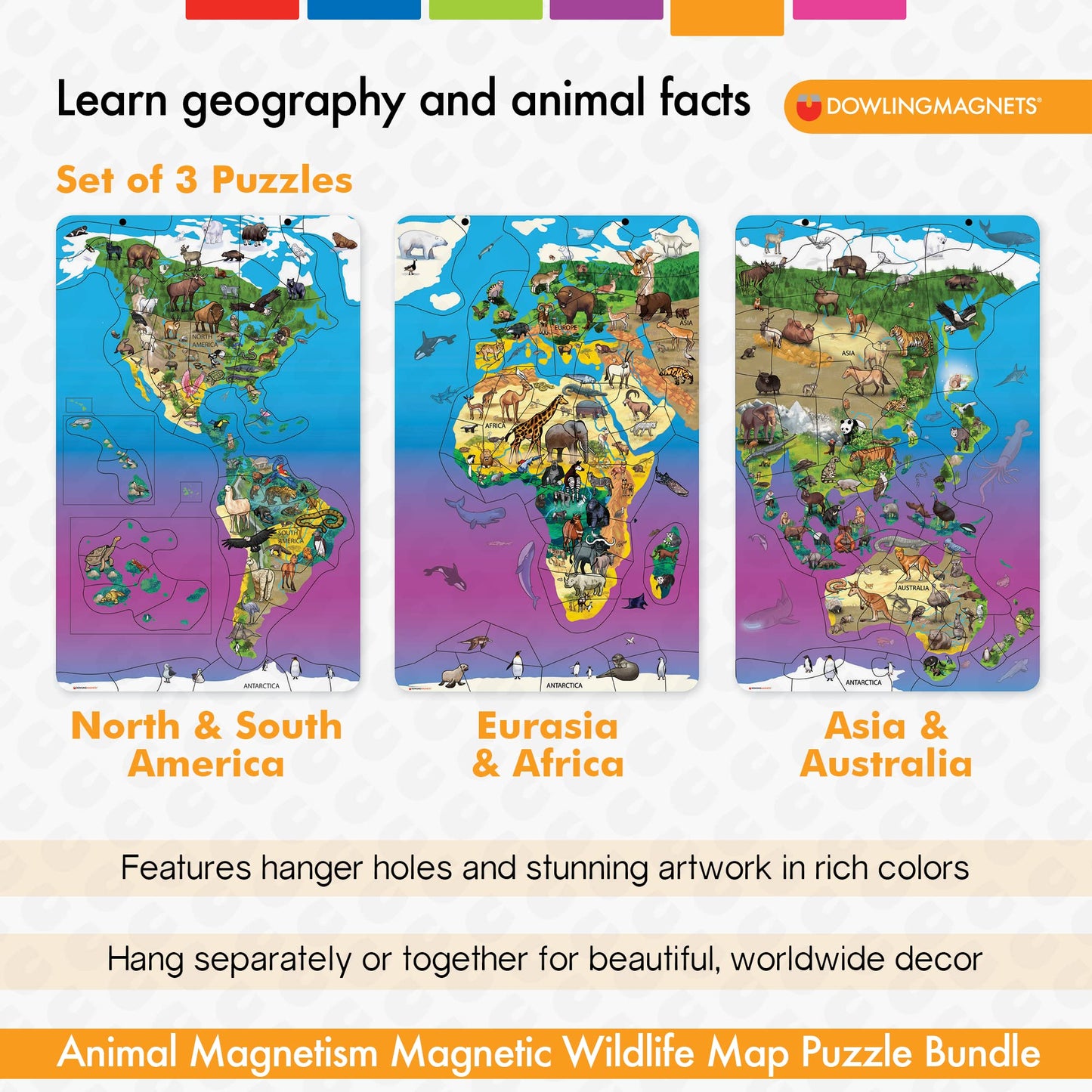 Dowling Magnets Animal Magnetism Magnetic Wildlife Map Puzzle Bundle, Set Of 3 Puzzles: North America & South America, Eurasia & Africa, Asia & Australia (Per Puzzle: 11.50 Inches W X 18 Inches H)