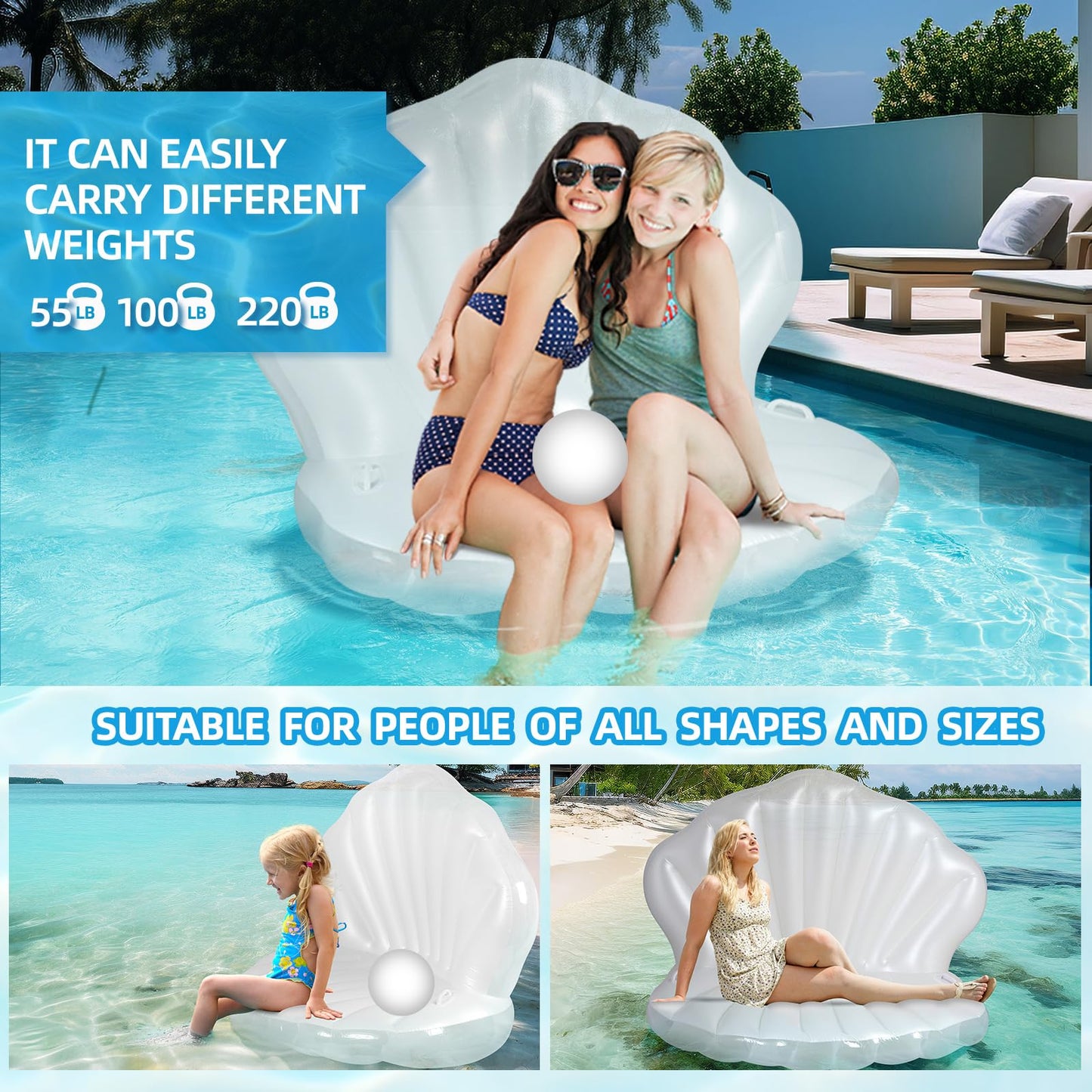 52'' Thickened Inflatable Seashell Pool Float, Giant Pool Floating Raft Chair With Pearl Balls, For Children'S Party, Ocean Them