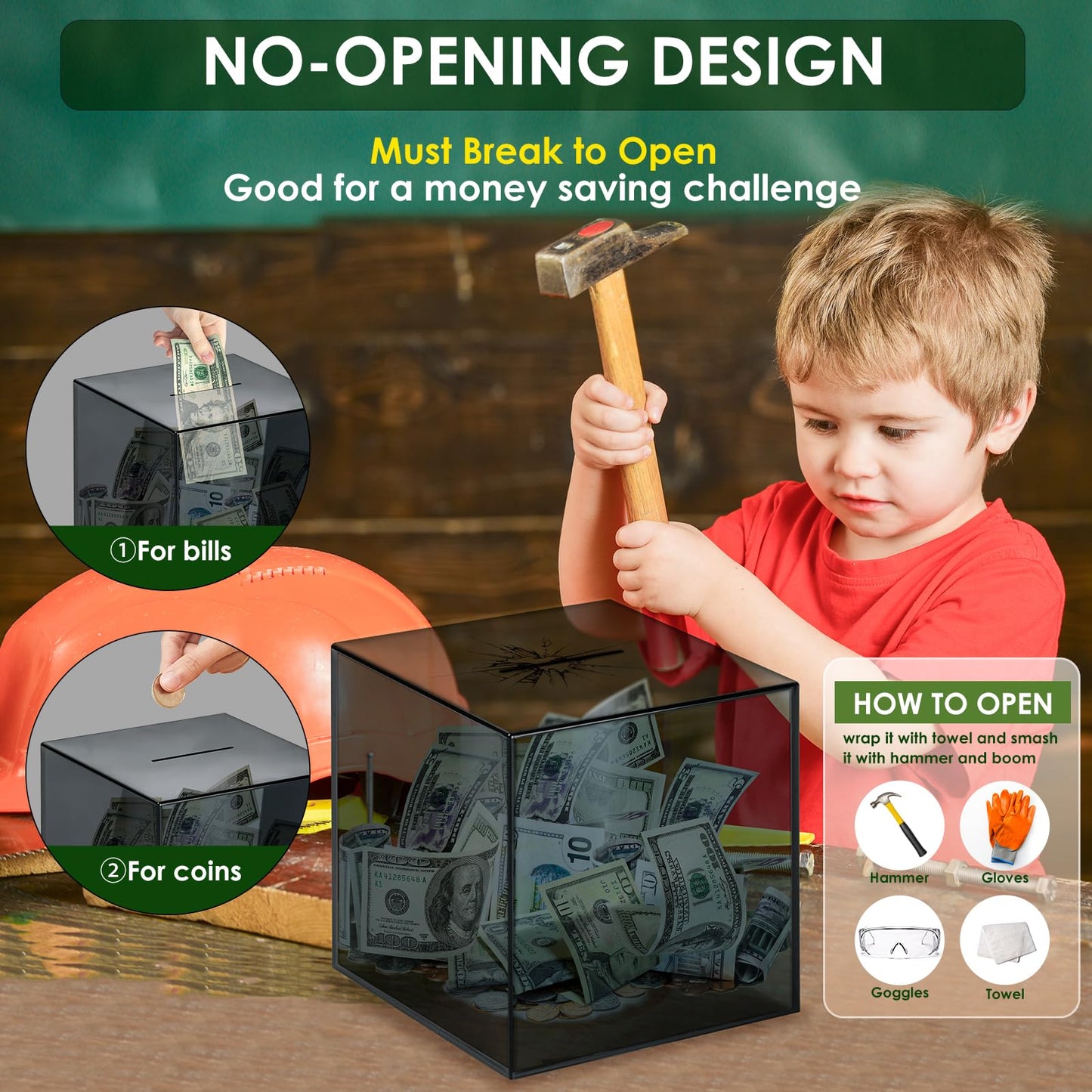 Piggy Bank For Adults Must Break To Open, Vcertcpl Acrylic Clear Piggy Bank Money Saving Box For Cash Saving, Unopenable Adults Piggy Bank For Real Money Bank Coin Bank Change Jar (Gray S, 15X15Cm)