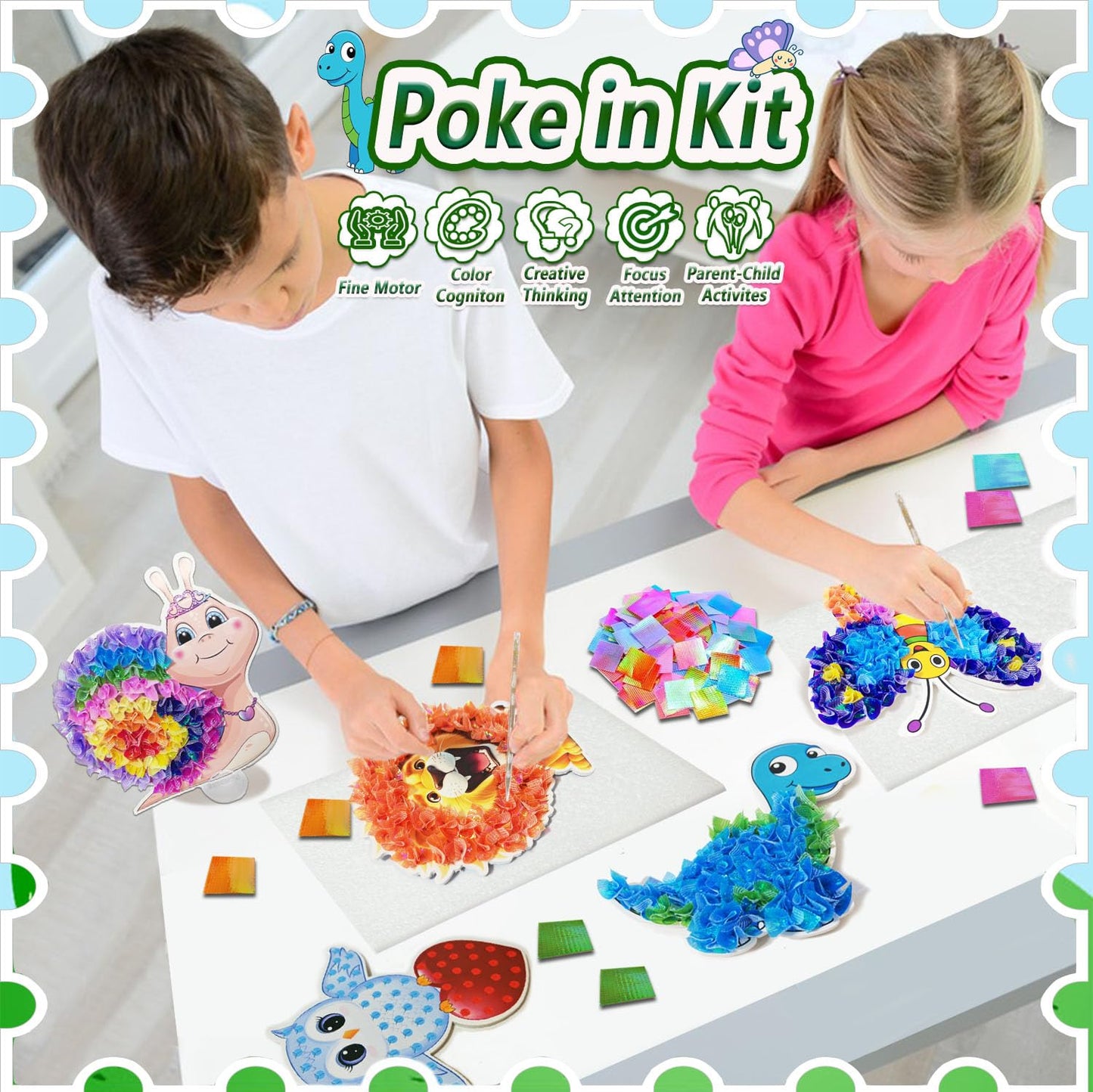 mom&myaboys Poke A Dot Art Kit - Animals Theme with Snail, Lion, Owl, Squirrel, Butterfly | No-Mess Sewing Craft for Kids Ages 4