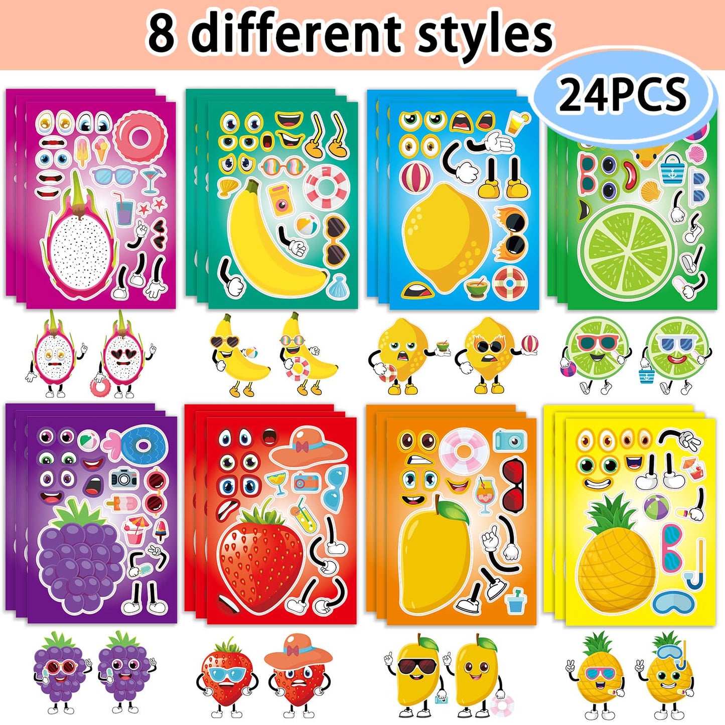 Kopokita 24 Sheets 8.3'' 5.9'' Make Your Own Fruit Stickers For Toddlers Kids Party Favors, Make A Face Stickers For Kids Activ