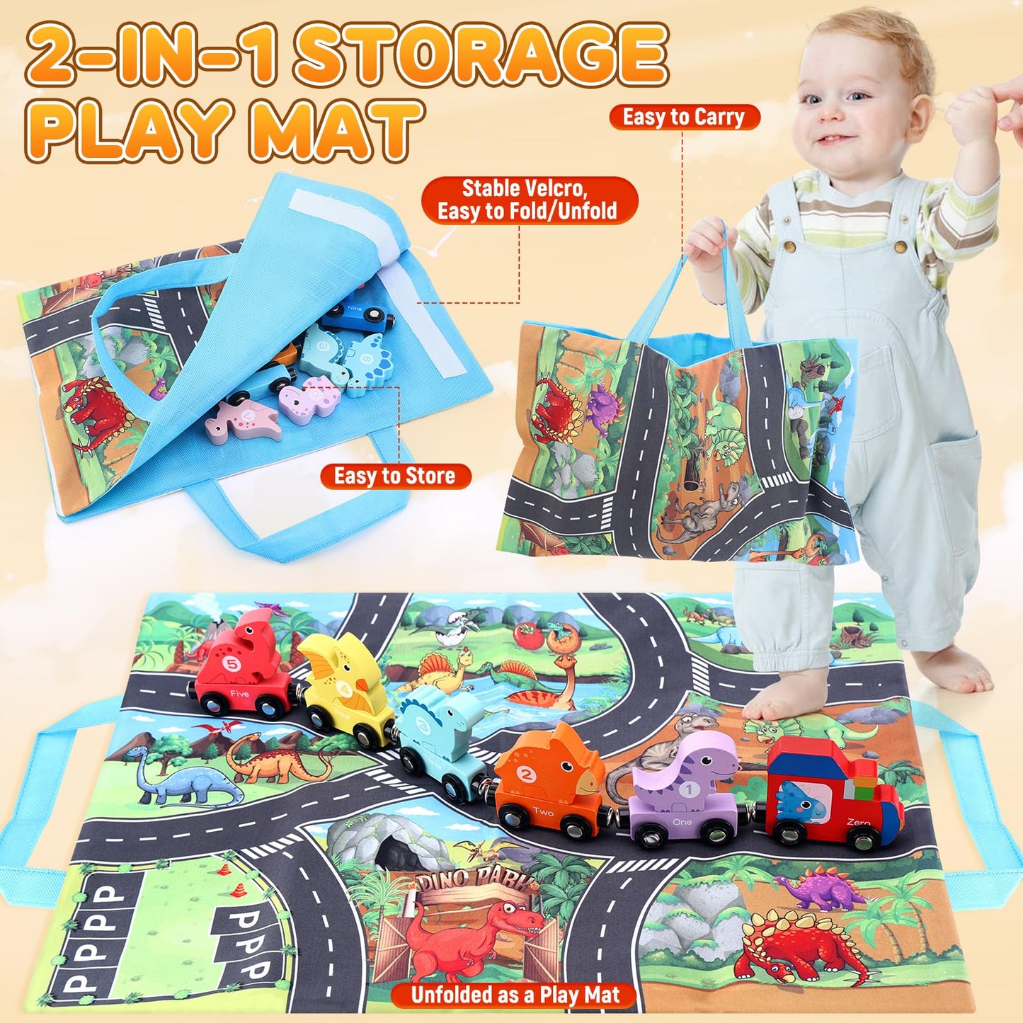 Crelloci 22Pcs Magnetic Wooden Train Set, Dinosaur Toys With Playmat/Storage Bag, Montessori Educational & Preschool Learning Car Toys, Gift For Toddlers, Boys, Girls