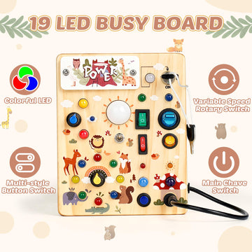 Joyreal Wooden Busy Board With Led Light, Montessori Toddler Toys, Wooden Sensory Board, Toddlers Activity Travel Toys For Boy &