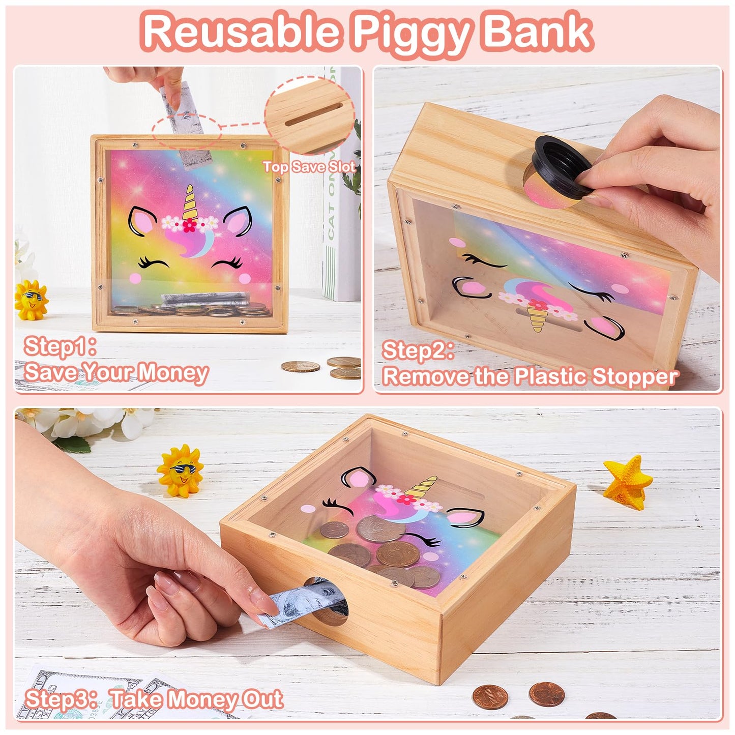 Piggy Bank Girls, Wooden Piggy Bank For Kids Unicorn Money Bank Coin Bank With Diy Letter Stickers,Rainbow