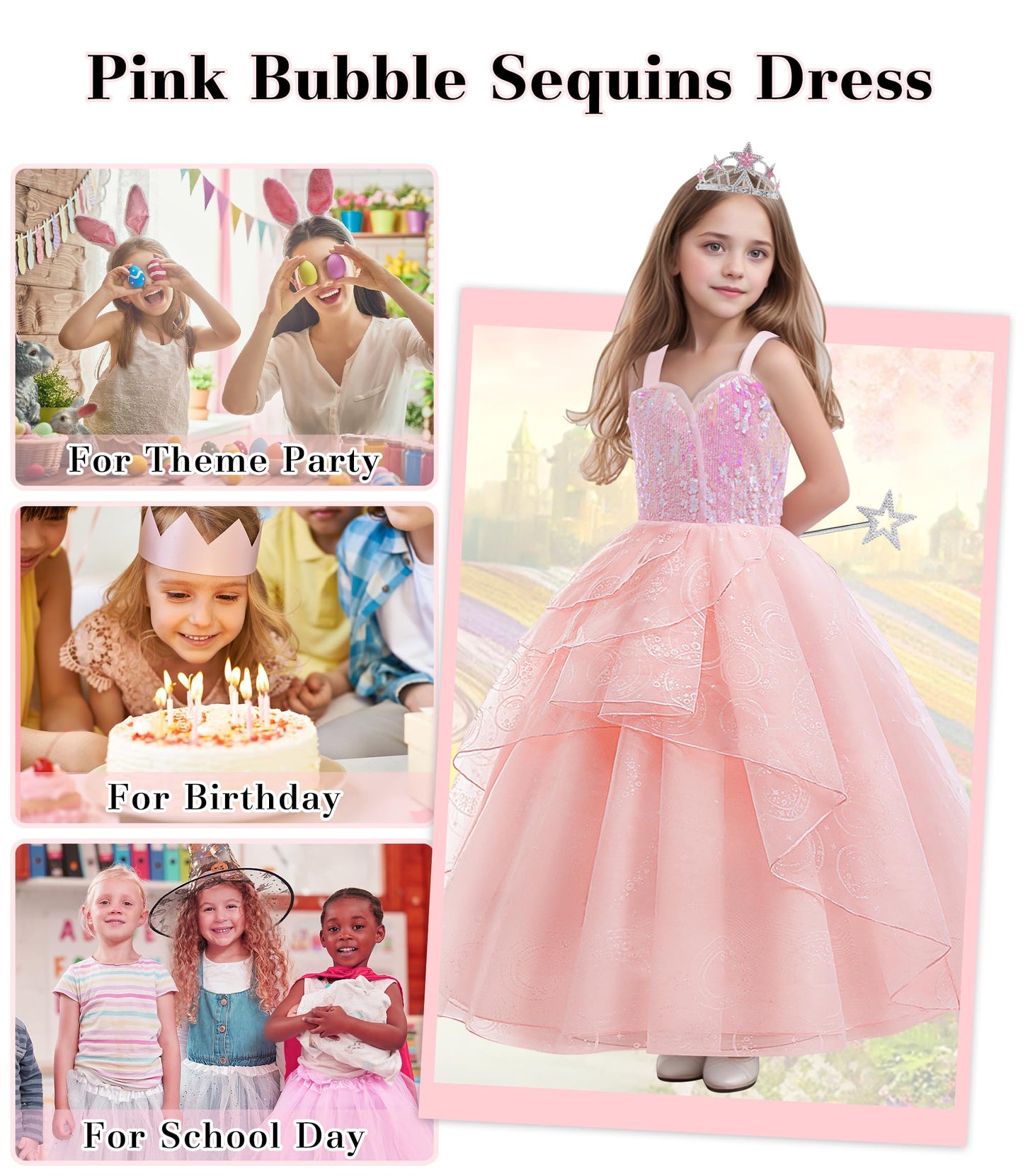 Btonai Kids Pink Witch Costume for Girls Pink Bubble Tulle Dress Princess Sequins Mesh Outfits with Crown and Wand