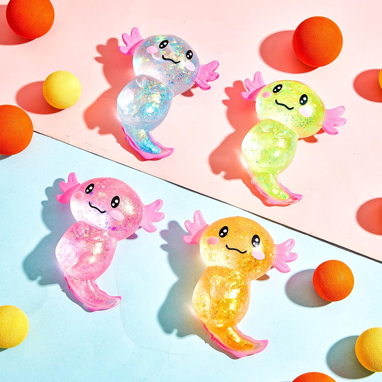 Simgoing Sensory Fidget Stress Relief Axolotl Squeeze 3.94 X 3.15 Inches Cute Malt Sugar Filled Stretchy Axolotl Fun Squeeze For Adults Soothing Birthday Party Gift, 4 Styles(6 Pcs,Glitter)